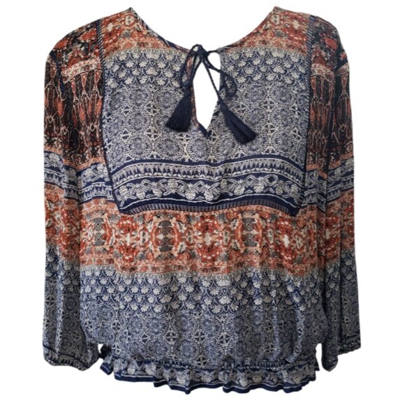 Lucky Brand Women's Red & Blue Boho Peasant Scoop Neck Blouse Large - Picture 1 of 5